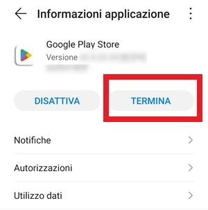 da informazioni applicazione del google play store, c'è il pulsante termina che è evidenziato con una cornice rossa