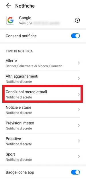 dalla sezione notifiche dell'app google è evidenziata la voce condizioni meteo attuali