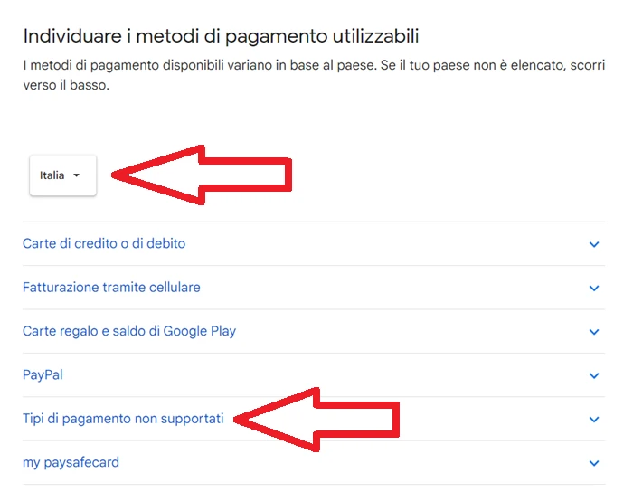 con una freccia sono indicate la voce italia e tipi di pagamento non supportati