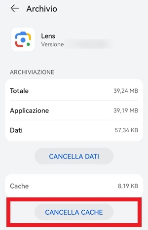 dalla pagina archivio di google lens il pulsante cancella cache ha un riquadro rosso intorno per metterlo in evidenza