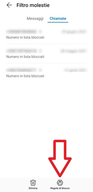 dalla sezione chiamate è indicata con una freccia l'icona regole di blocco