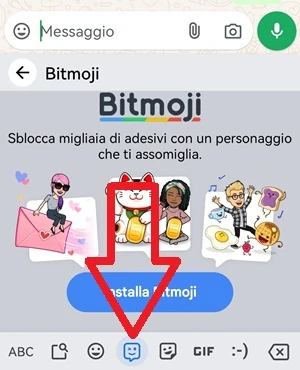 dall'app gboard con una freccia rossa è indicata l'icona bitmoji
