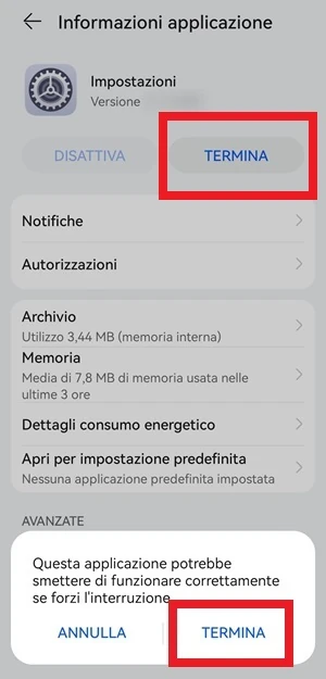 dalla schermata informazioni applicazione delle impostazioni, sono in evidenza con una cornice rossa i pulsanti termina