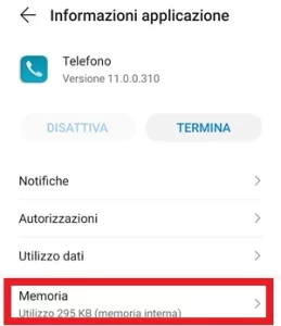 dalle informazioni applicazione dell'app memoria si seleziona memoria