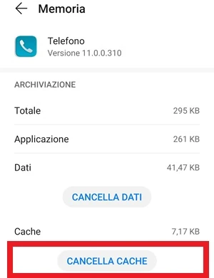 da memoria dell'app telefono è selezionato il pulsante cancella cache