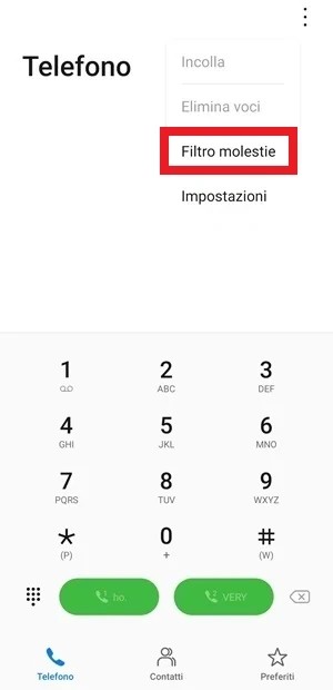 dal menu che appare nell'app telefono è stata selezionata la voce filtro molestie