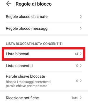 dalla sezione regole di blocco è in evidenza la voce lista bloccati