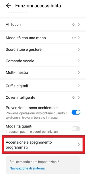 da funzioni accessibilità è selezionata la voce accensione e spegnimento programmati