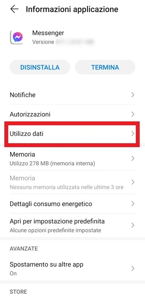 da informazioni applicazione, l'app Messenger ha la voce utilizzo dati che è evidenziata in rosso con un riquadro