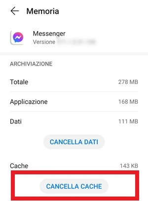 dalla sezione memoria delle impostazioni di android. Il pulsante cancella cache è in evidenza