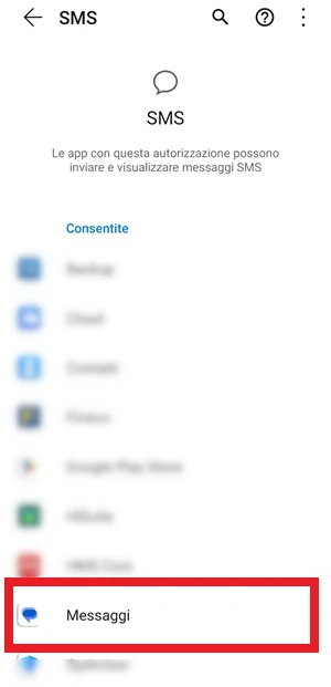 da gestione autorizzazioni per sms è in evidenza la voce messaggi per poter inviare e visualizzare messaggi
