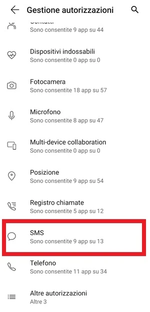 da gestione autorizzazioni la voce sms è in evidenza con un riquadro rosso