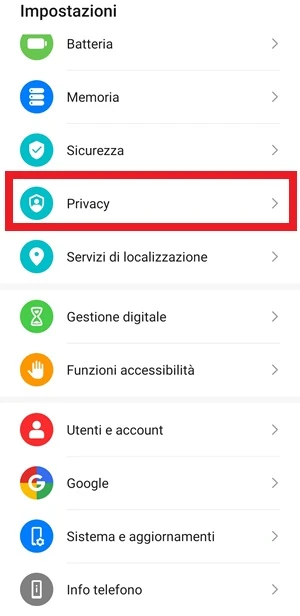 dalle impostazioni del telefono la voce privacy è inquadrata in rosso