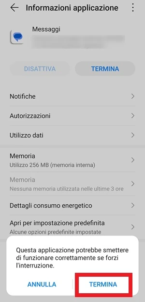 da informazioni applicazione dell'app messaggi è evidenziato con una cornice rossa il pulsante termina