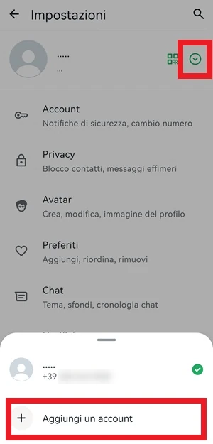 da whatsapp in un riquadro si trova la freccia verso il basso e la voce aggiungi un account