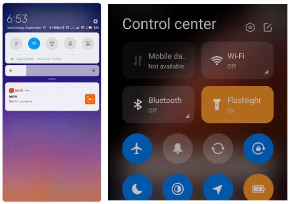 centro controllo della miui con tutti gli interruttori confrontata con la vecchia interfaccia "no control center"