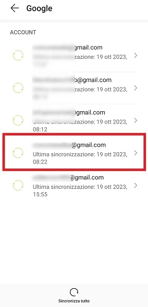 dalla schermata con tutti gli account gmail, è selezionato un account google su cui si vuole agire
