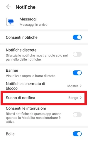 per l'app messaggi di google, dalla sezione notifiche è selezionata la voce suono di notifica