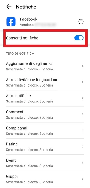 dalla sezione notifiche di facebook, la voce consenti notifiche con il suo interruttore di fianco sono messe in evidenza
