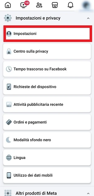 dall'app facebook nella sezione impostazioni e privacy è selezionata la voce impostazioni