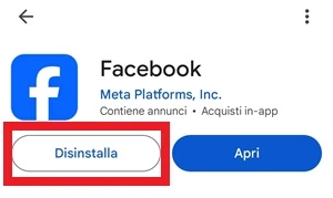dalla pagina di download di facebook che si trova nel play store di Google, il pulsante disinstalla è evidenziato con una cornice rossa