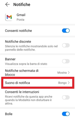 per gmail nella pagina notifiche è selezionata la voce suono di notifica