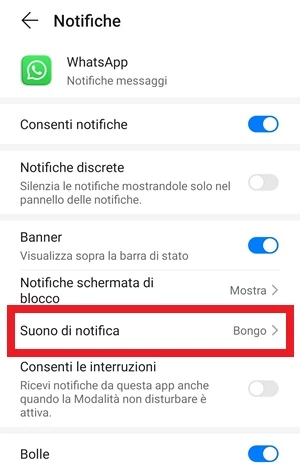 da notifiche dell'app whatsapp è in risalto la voce suono di notifica
