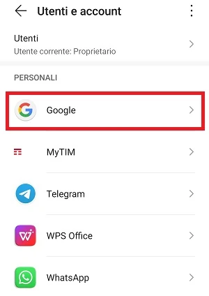 dalla schermata utenti e account è selezionata la voce google