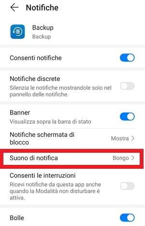 da notifiche, per l'app backup è selezionata la voce suono di notifica