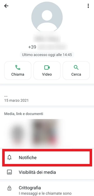 dalla pagina di whatsapp sotto media link e documenti è inquadrata per un maggior risalto la voce notifiche