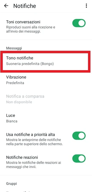 dalla sezione notifiche di whatsapp è messa in evidenza la voce tono notifiche