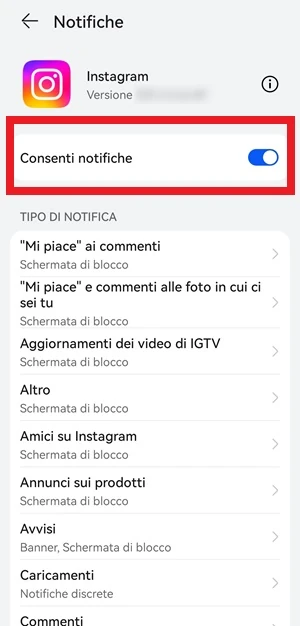 schermata delle notifiche di instagram con l'interruttore consenti notifiche che è attivo