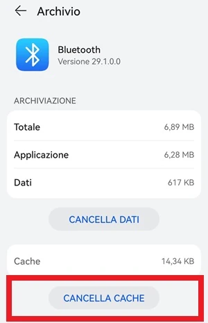 pagina archivio del bluetooth con il pulsante cancella cache evidenziato con una cornice rossa