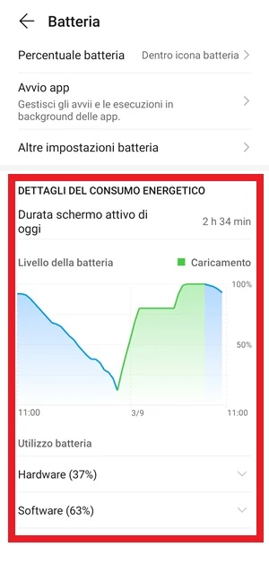 da batteria è evidenziata la sezione dettagli del consumo energetico