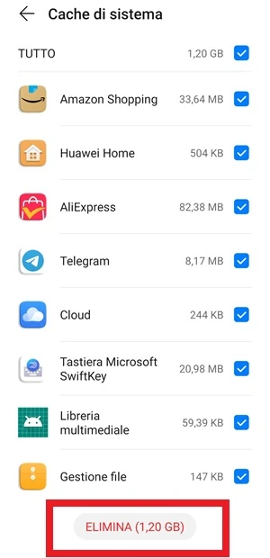 la sezione è quella della cache di sistema dove ci sono delle applicazioni selezionate e in fondo alla pagina il pulsante elimina