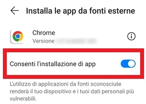 da installa app da fonti esterne è evidenziata l'opzione consenti l'installazione di app con il suo interruttore attivo
