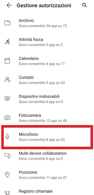 da gestione autorizzazioni di android, la voce microfono è evidenziata con un riquadro rosso