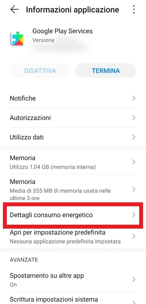 dal play store su informazioni applicazione è evidenziata la voce dettagli consumo energetico