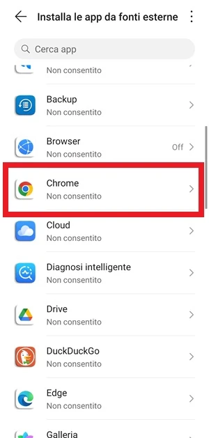 dalla schermata installa le app da fonti esterne, l'app chrome è selezionata