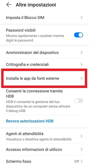 dalla schermata delle altre impostazioni di android, la voce installa le app da fonti esterne è evidenziata