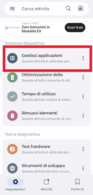 dall'app hidden settings la voce gestisci applicazioni è incorniciata con delle linee rosse