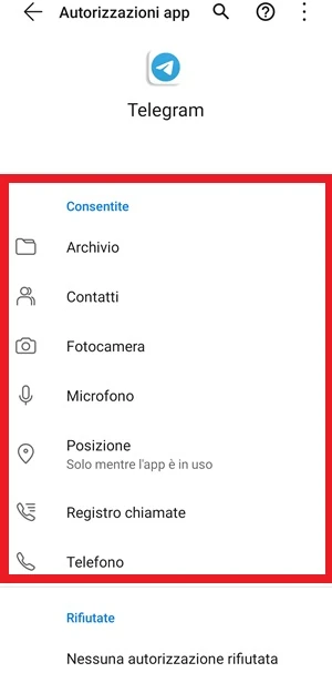 da autorizzazioni app, per l'app telegram vengono mostrate tutte le autorizzazioni date: archivio, contatti, fotocamera, microfono, posizione, registro chiamate, telefono