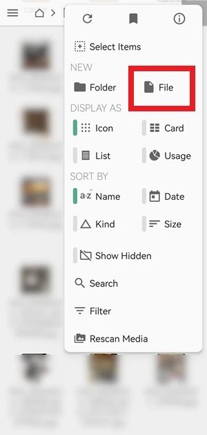 da fx file explorer l'icona file è evidenziata in rosso con una cornice