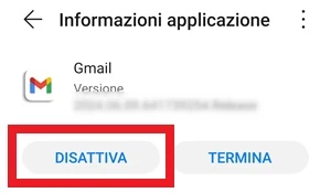 da informazioni applicazione, dell'app gmail, il pulsante disattiva è incorniciato in rosso