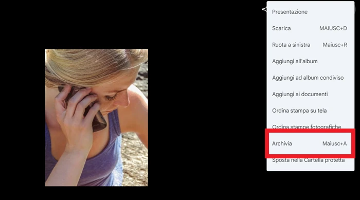 immagine google foto web evidenziata la voce archivia con una cornice rossa