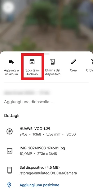 da google foto la voce sposta in archivio è evidenziata con una cornice rossa intorno