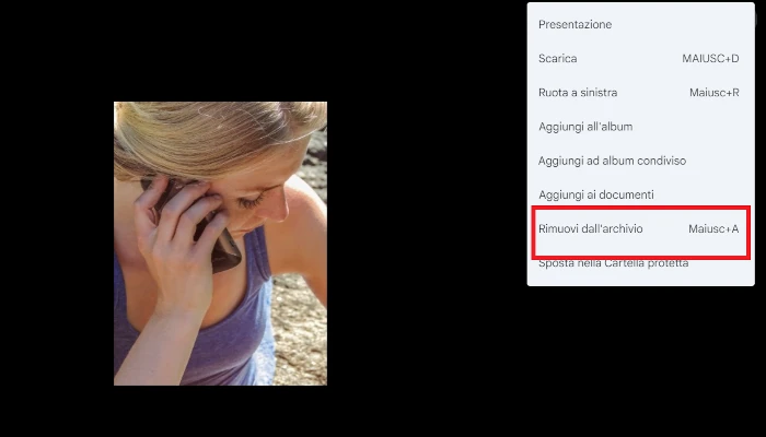 dalla versione web di google foto è messa in evidenza nel menu la voce rimuovi dall'archivio