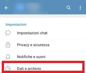 la voce dati e archivio raggiungibile dalle impostazioni di telegram è inquadrata in rosso