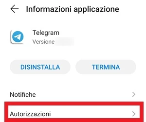 da informazioni applicazione, telegram ha voce Autorizzazioni con un riquadro rosso intorno