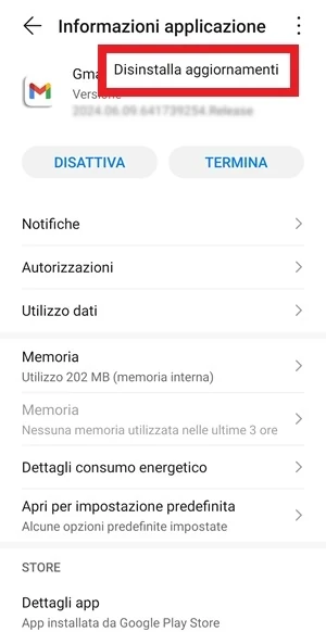 da informazioni applicazione di gmail, la voce disinstalla aggiornamenti è incorniciata in rosso
